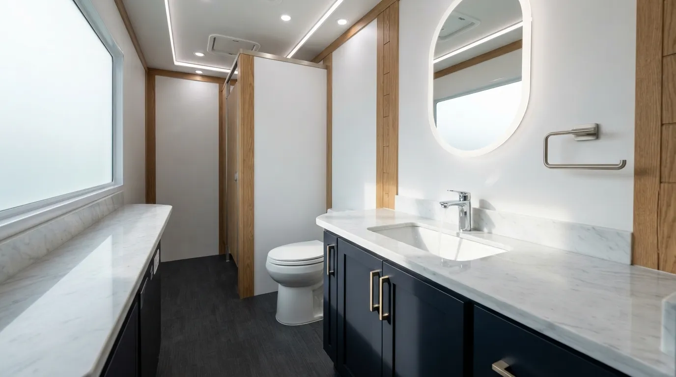 Luxury restroom trailer interior and exterior