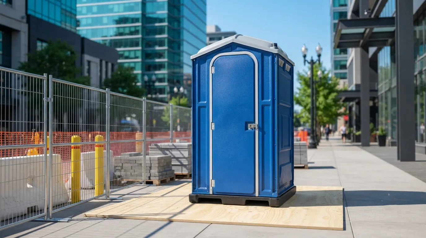 Portable restroom placed at a commercial high-rise site
