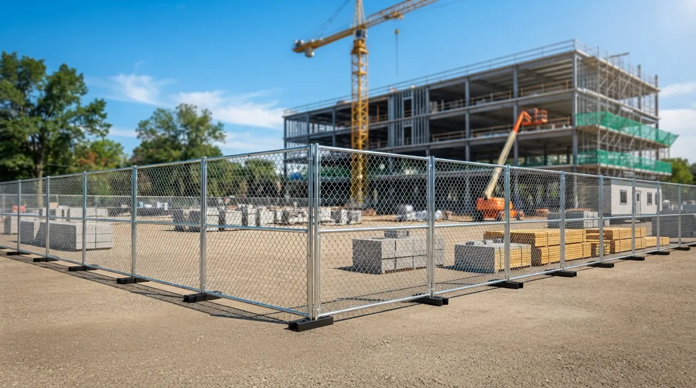 Temporary fence panels enclosing a work site