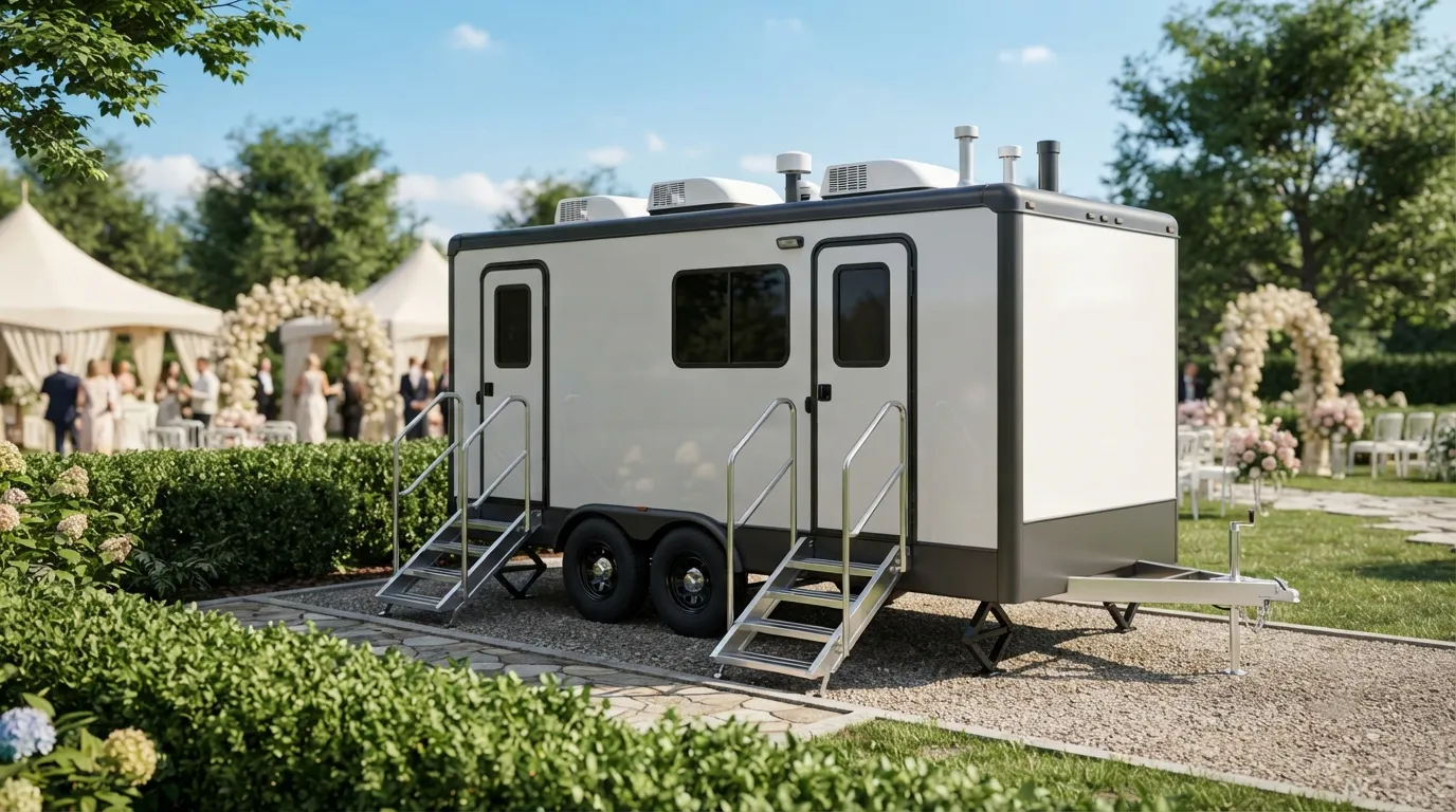 Restroom units set discreetly at an outdoor wedding
